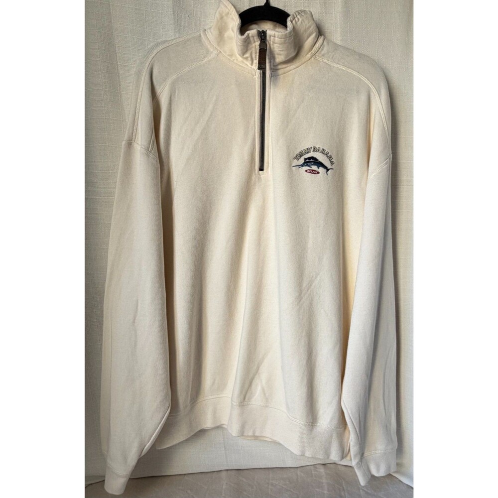 Tommy Bahama Quarter Zip Sweatshirt Mens L Cream Coastal Preppy Nautical